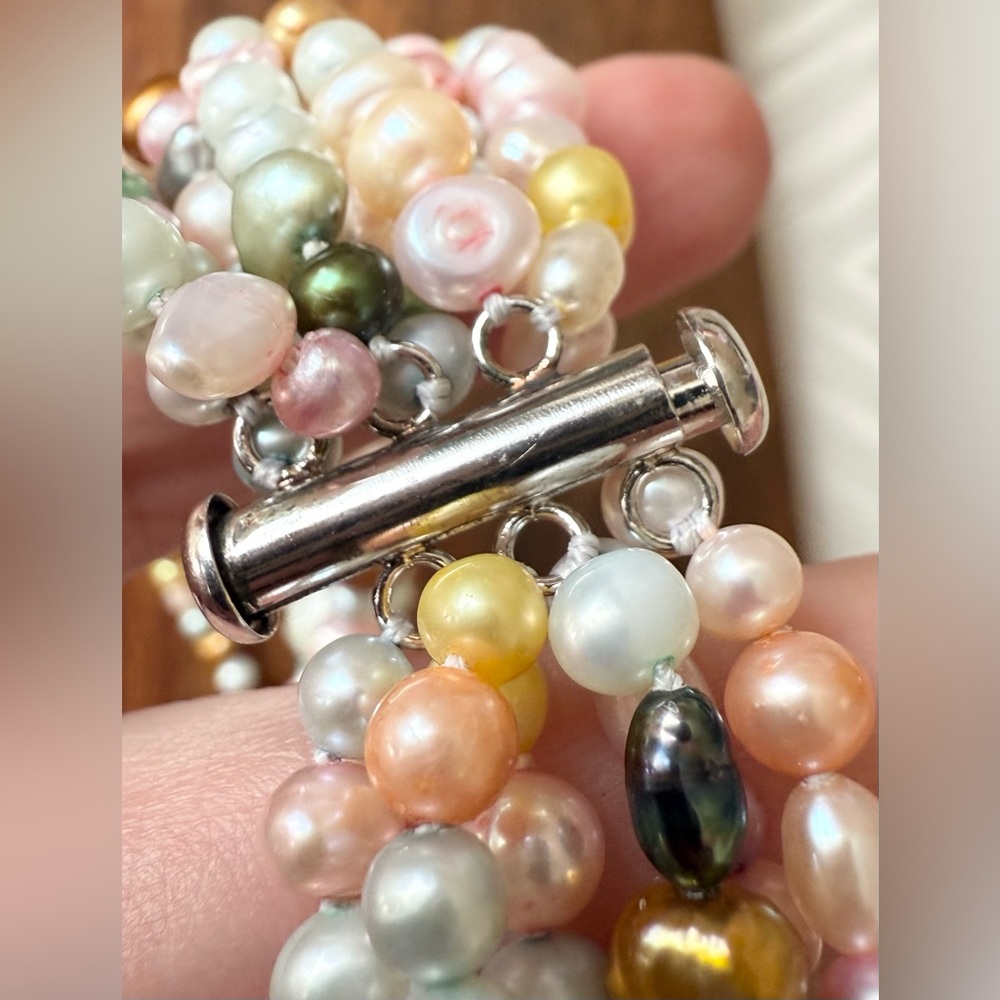 Sterling Silver 925 7-Strand Multi-Color Pearl Genuine Necklace Collar Choker - Picture 6 of 11